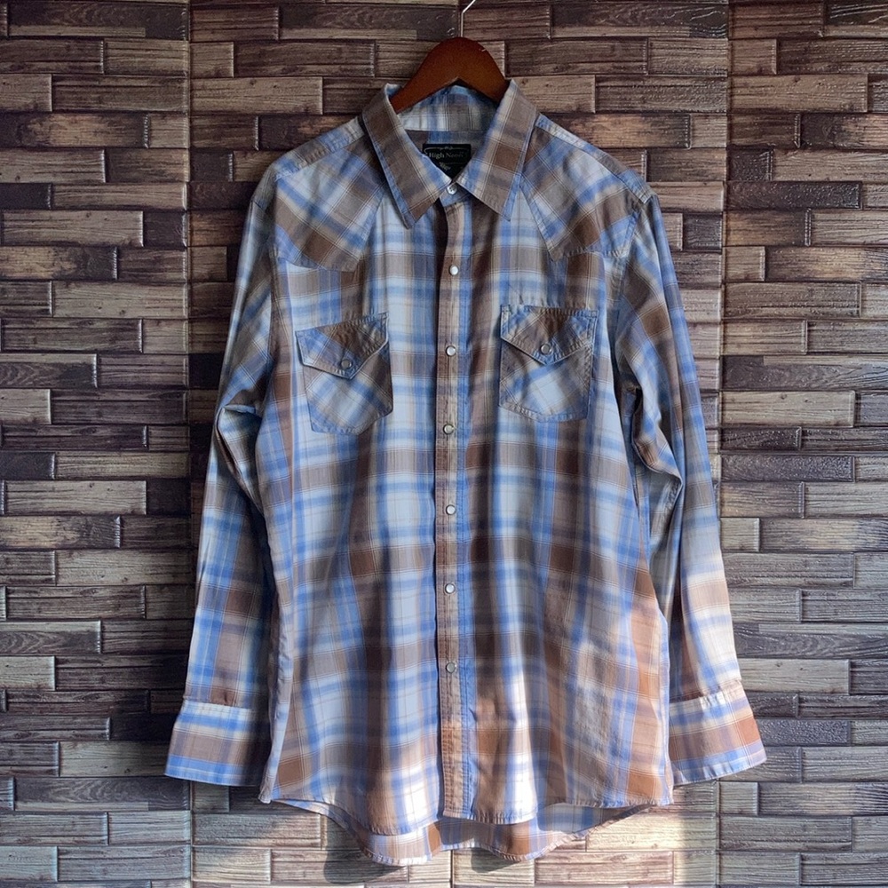 Vintage Mens High Noon Western Plaid Polyester Mix Pearl Snap Shirt Large